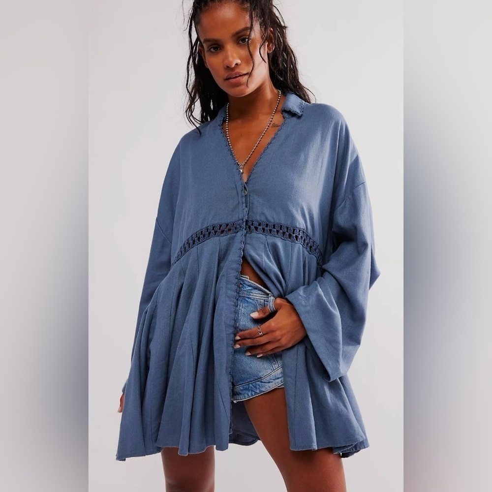 NWT Free People Hazy Baby Mini Dress S Slate Blue Mirage Linen Lined Crochet